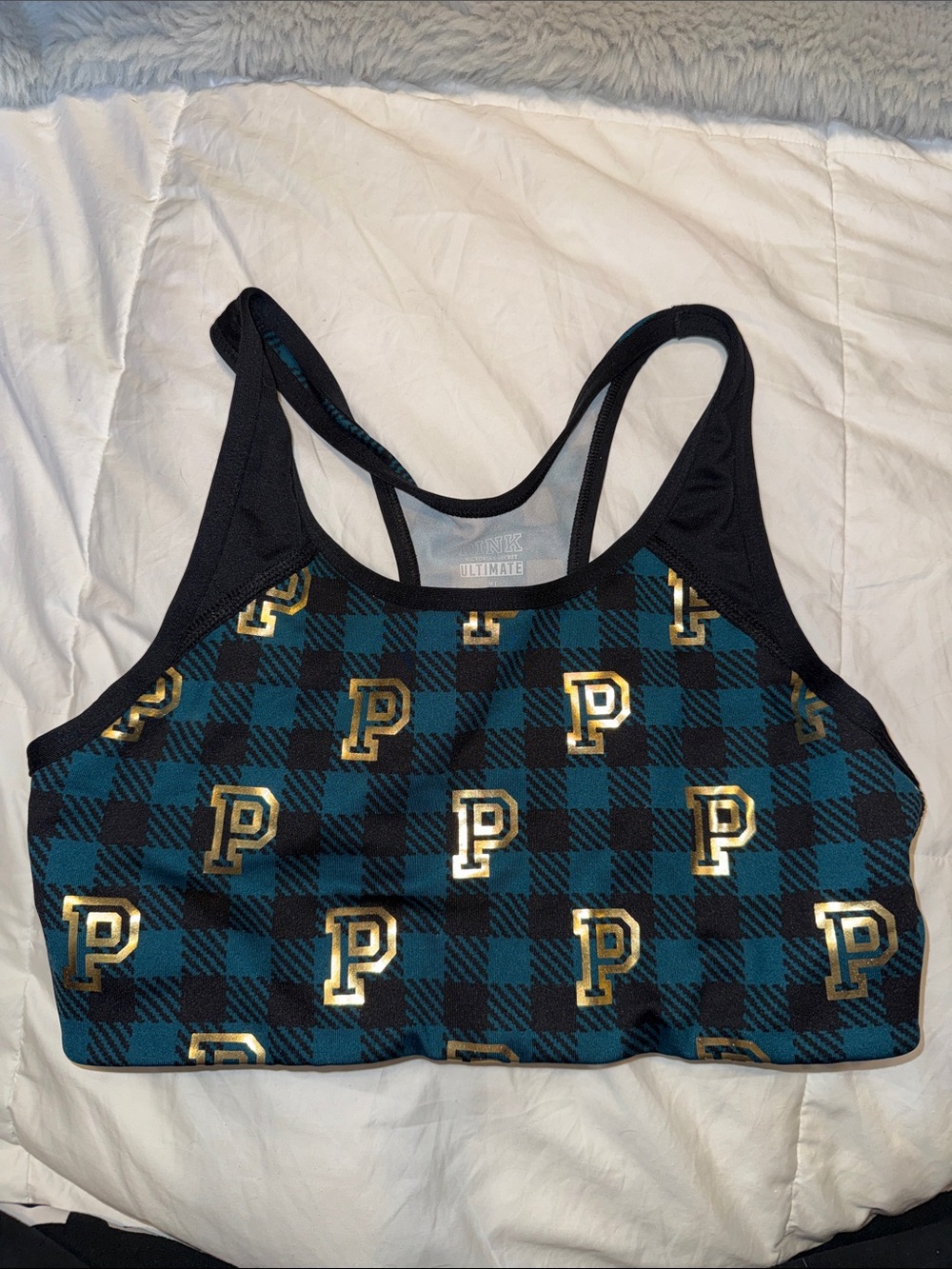 VS Plaid Sports Bra with Gold 'P' Logo